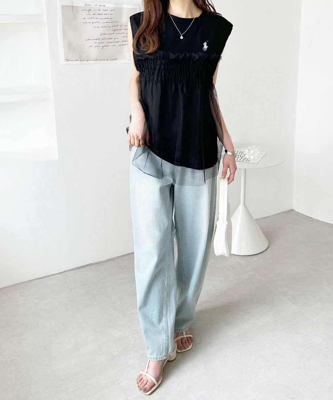 Polo薄紗接拼背心