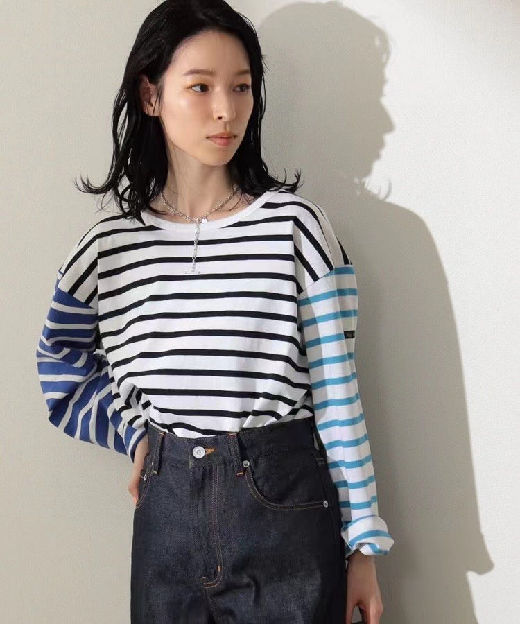 日單Beams 撞色間條長tee