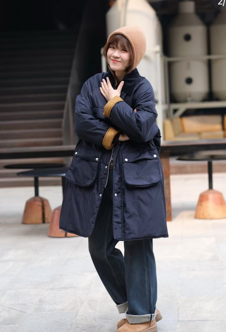 45R燈芯絨領夾棉中長外套