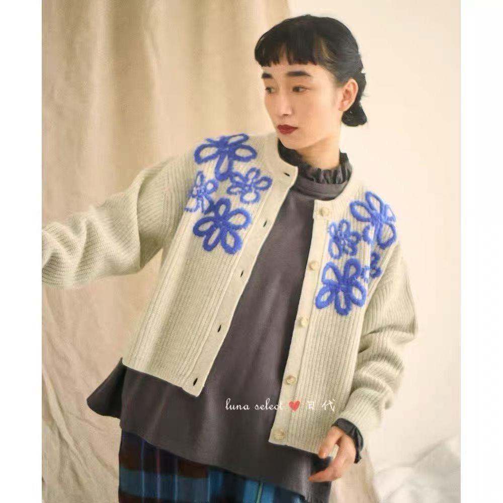 日本貴牌tumugu手工刺繡羊毛cardigan