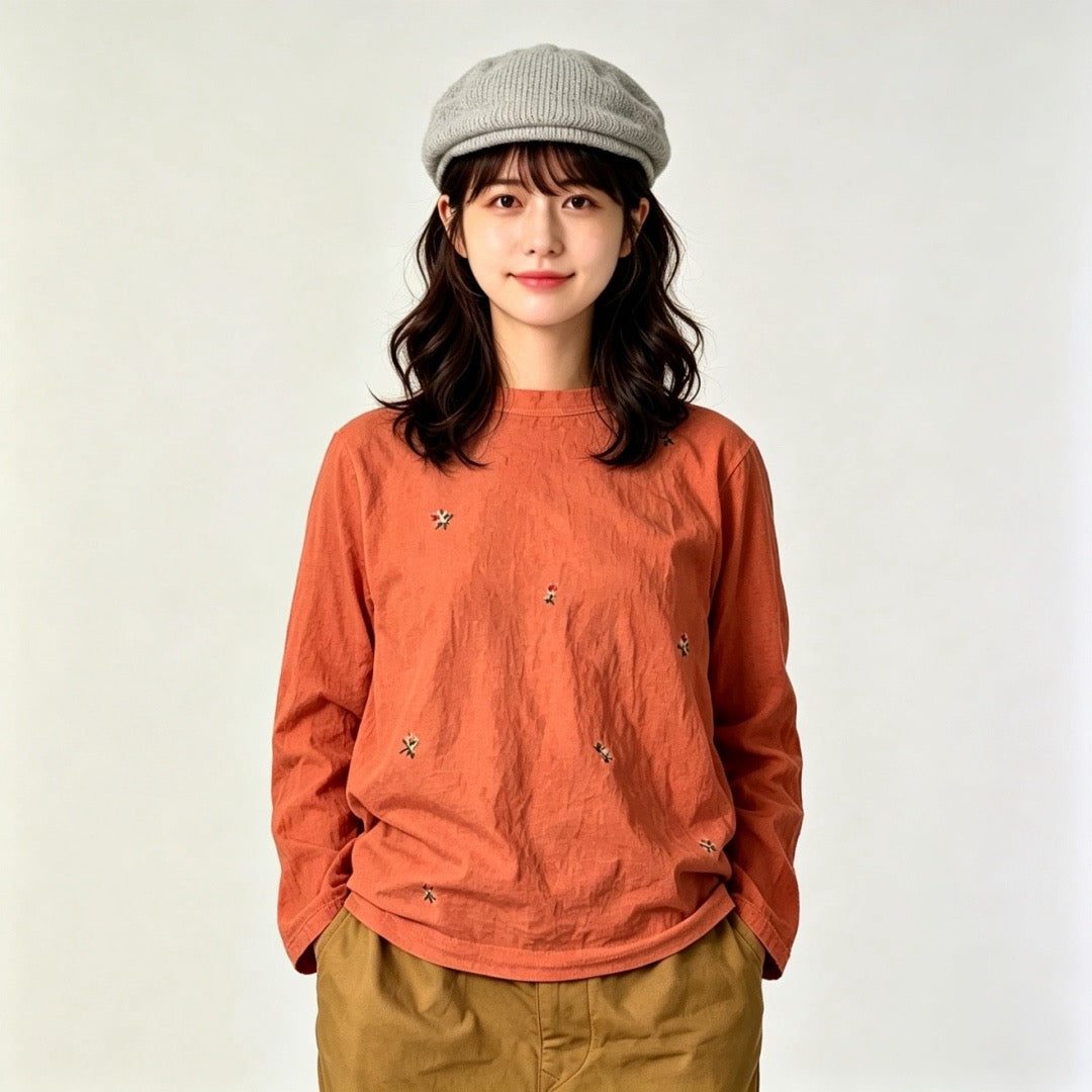 45R flower刺繡長袖tee