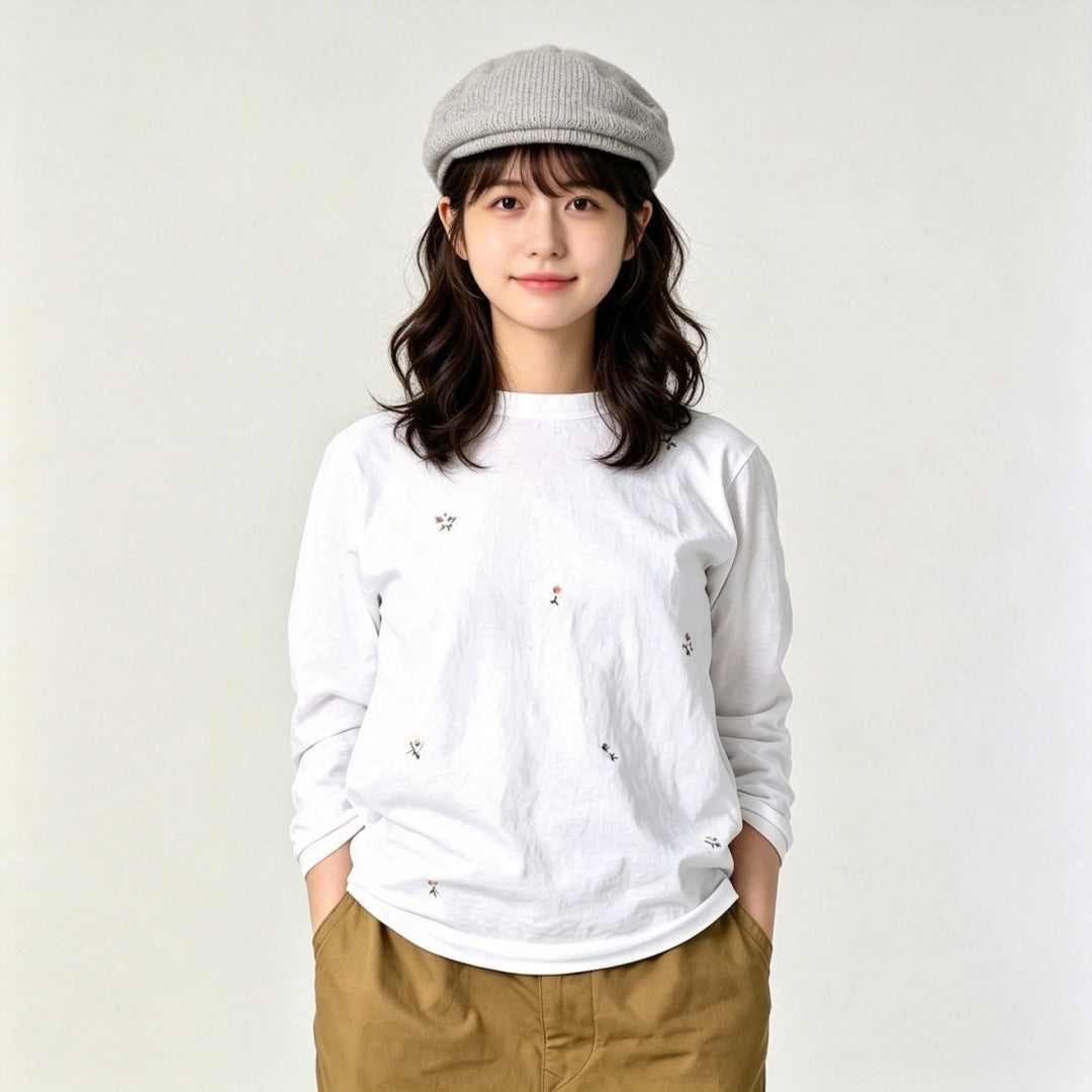 45R flower刺繡長袖tee