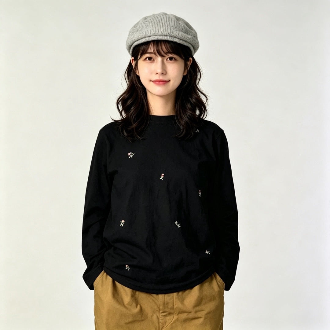45R flower刺繡長袖tee