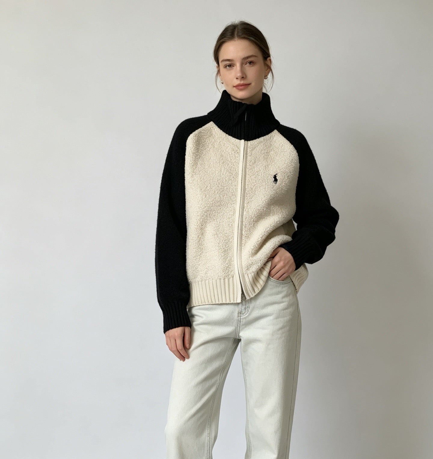Polo撞色針織zip jacket