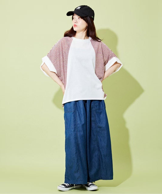 日單蝙蝠袖間條tee