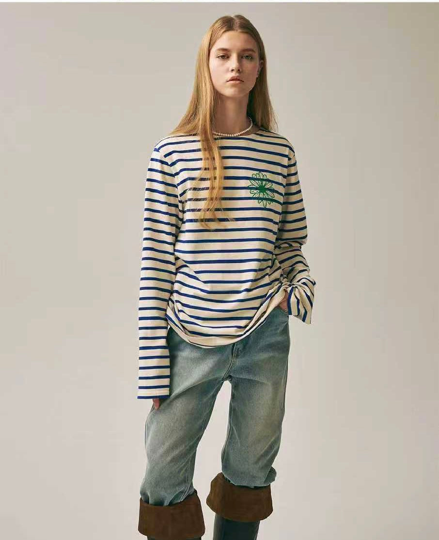 Mardi Mercredi 間條刺繡長袖tee