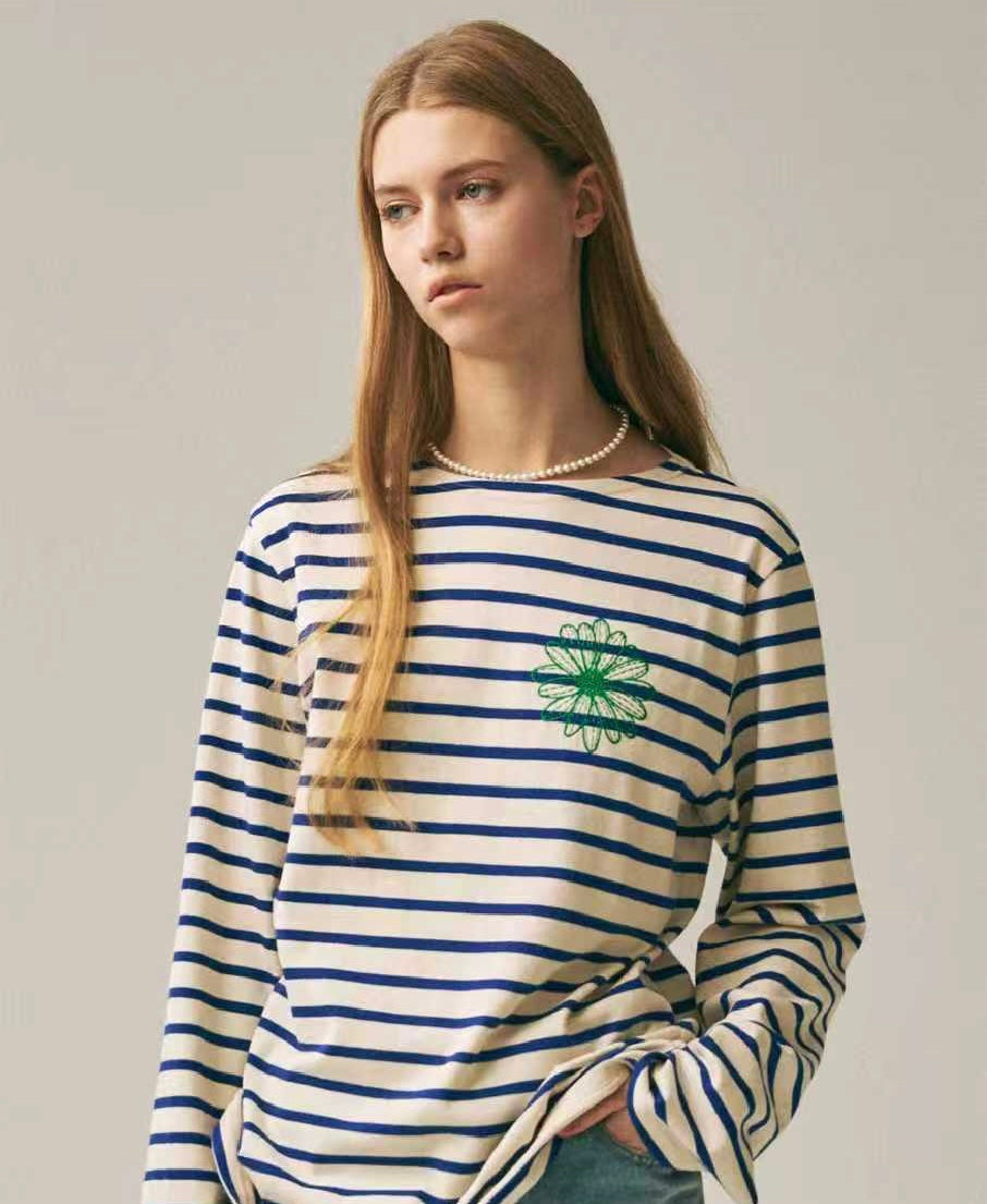 Mardi Mercredi 間條刺繡長袖tee
