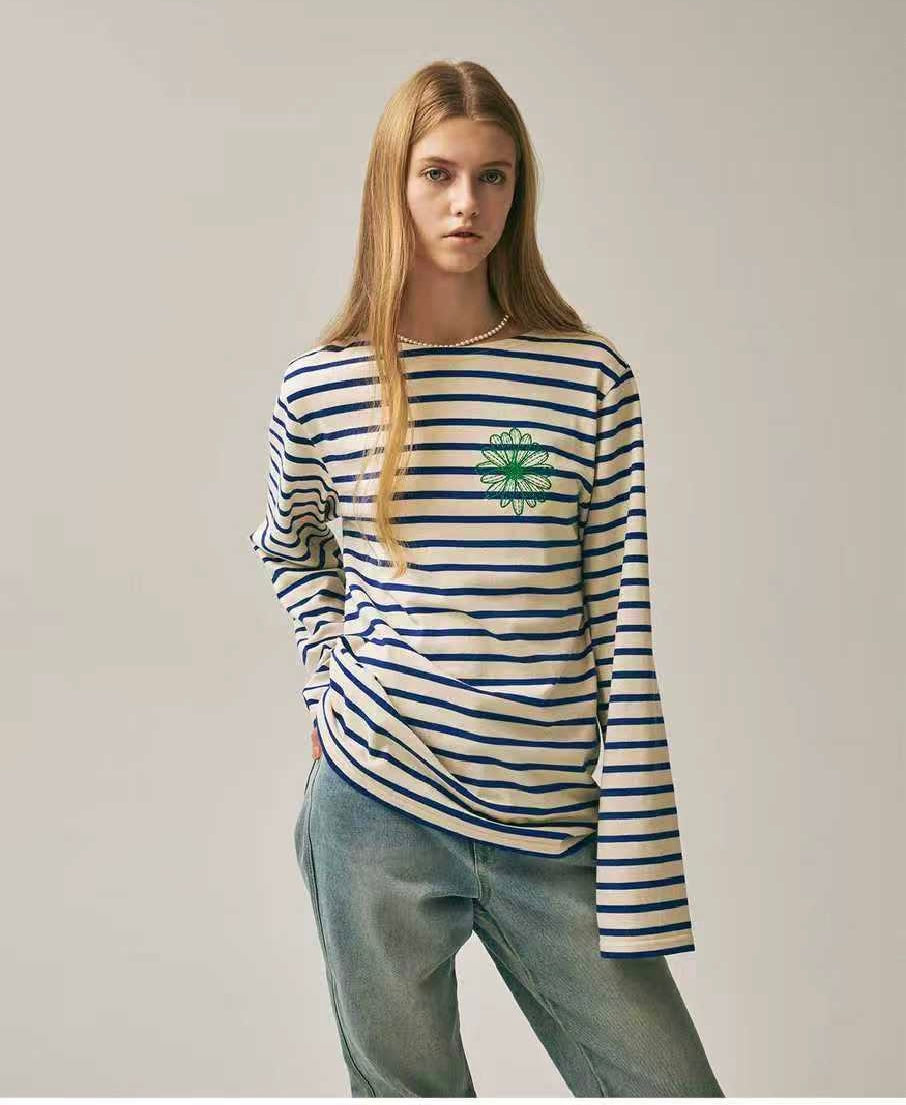 Mardi Mercredi 間條刺繡長袖tee