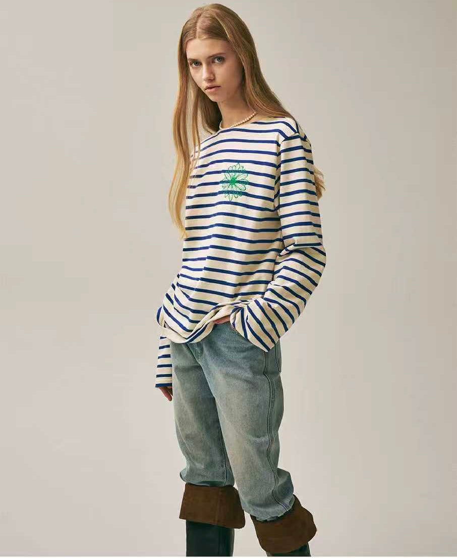 Mardi Mercredi 間條刺繡長袖tee