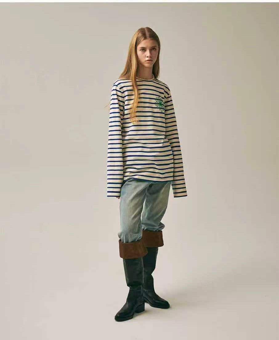 Mardi Mercredi 間條刺繡長袖tee