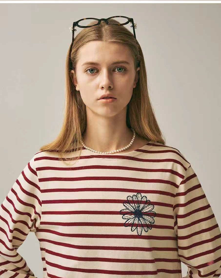 Mardi Mercredi 間條刺繡長袖tee