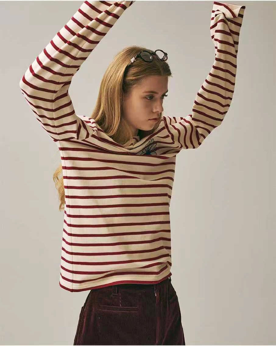 Mardi Mercredi 間條刺繡長袖tee