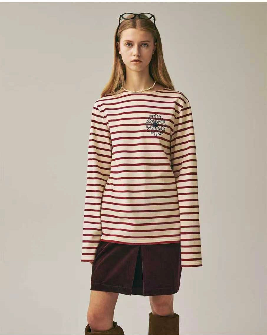 Mardi Mercredi 間條刺繡長袖tee