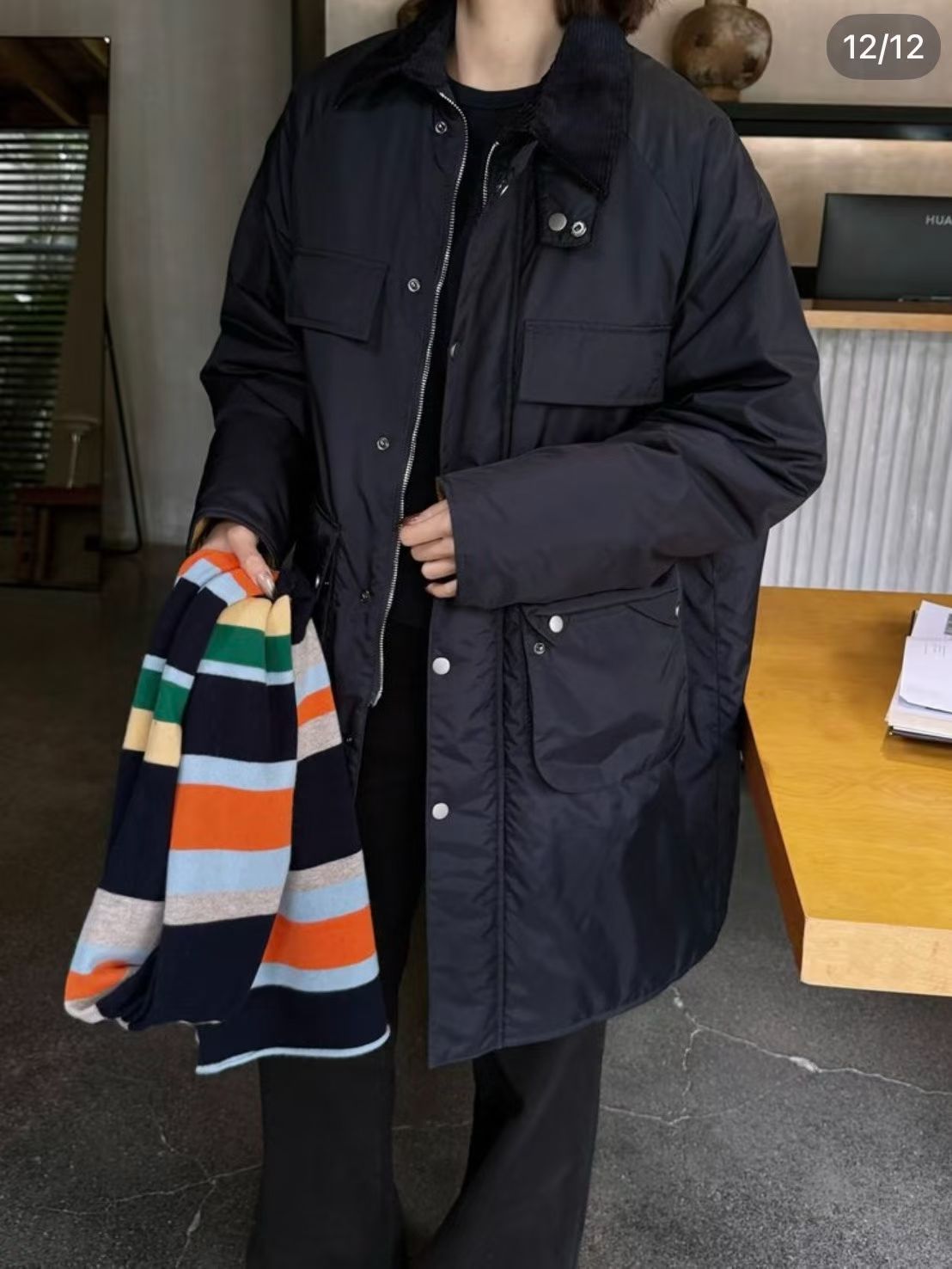 45R燈芯絨領夾棉中長外套